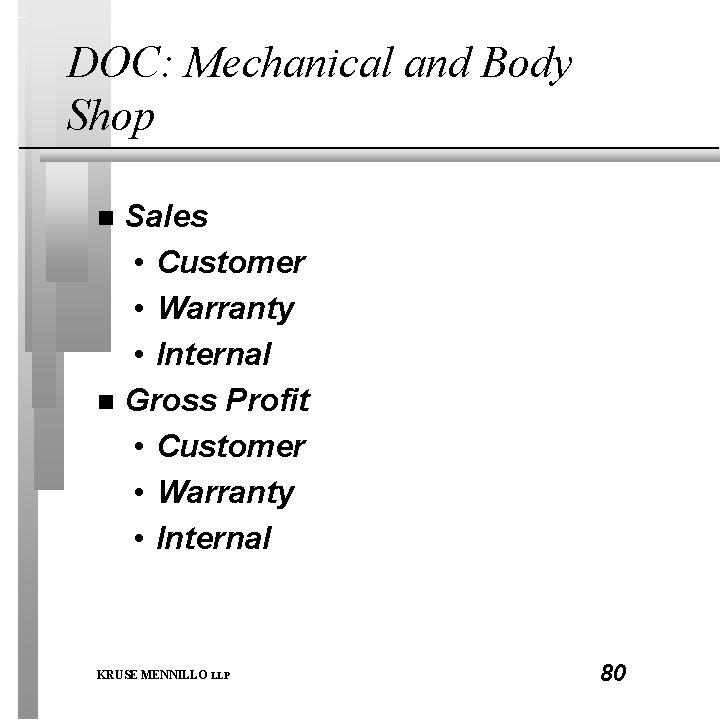 DOC: Mechanical and Body Shop Sales • Customer • Warranty • Internal n Gross