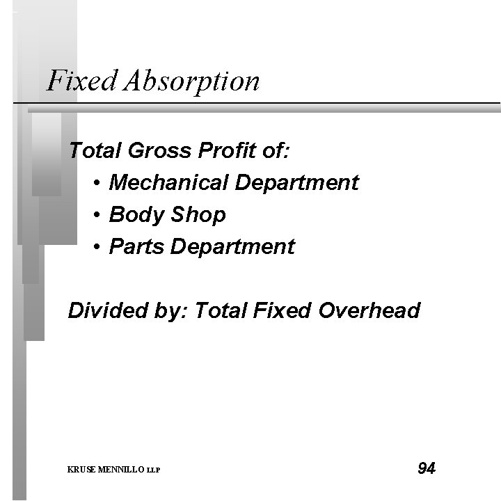 Fixed Absorption Total Gross Profit of: • Mechanical Department • Body Shop • Parts