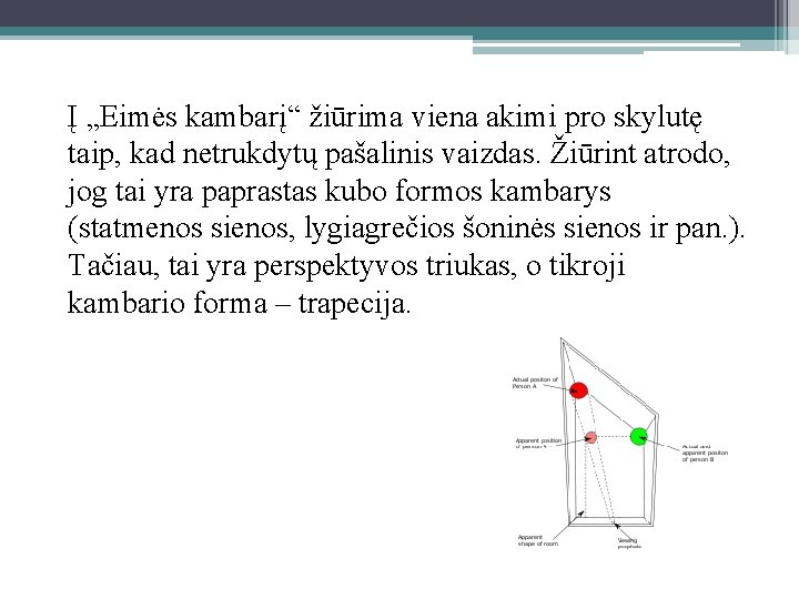 Į „Eimės kambarį“ žiūrima viena akimi pro skylutę taip, kad netrukdytų pašalinis vaizdas. Žiūrint