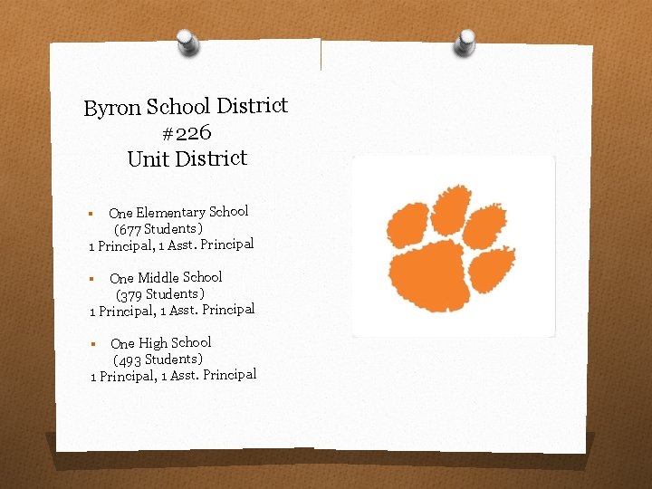 Byron School District #226 Unit District One Elementary School (677 Students) 1 Principal, 1 Byron School District #226 Unit District One Elementary School (677 Students) 1 Principal, 1