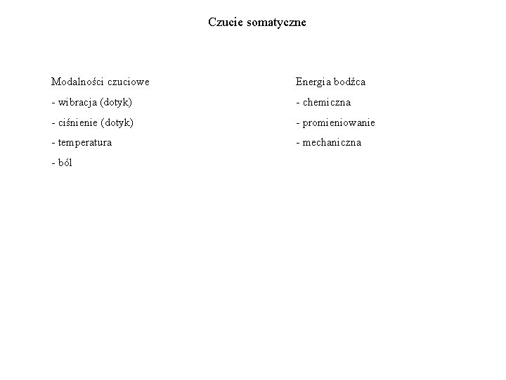 Czucie somatyczne Modalności czuciowe Energia bodźca - wibracja (dotyk) - chemiczna - ciśnienie (dotyk)