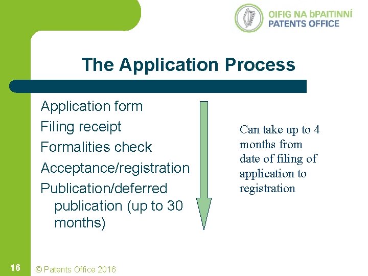 The Application Process Application form Filing receipt Formalities check Acceptance/registration Publication/deferred publication (up to The Application Process Application form Filing receipt Formalities check Acceptance/registration Publication/deferred publication (up to