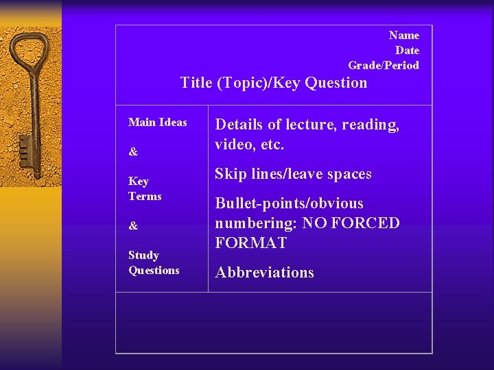 Name Date Grade/Period Title (Topic)/Key Question Main Ideas & Key Terms & Study Questions