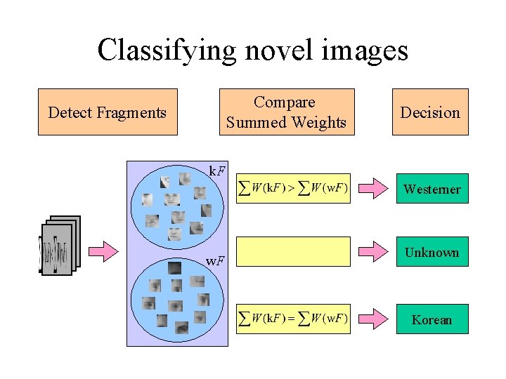 Classifying novel images Compare Summed Weights Detect Fragments Decision k. F Westerner w. F