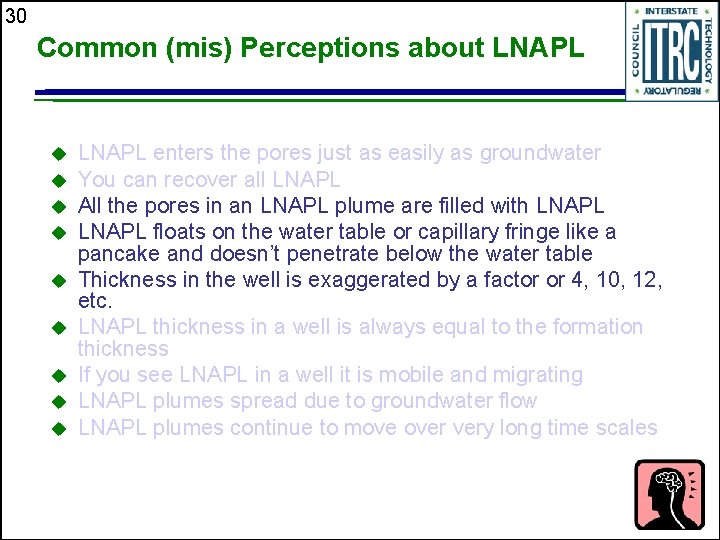 30 Common (mis) Perceptions about LNAPL u u u u u LNAPL enters the