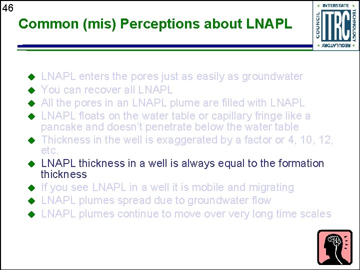 46 Common (mis) Perceptions about LNAPL u u u u u LNAPL enters the