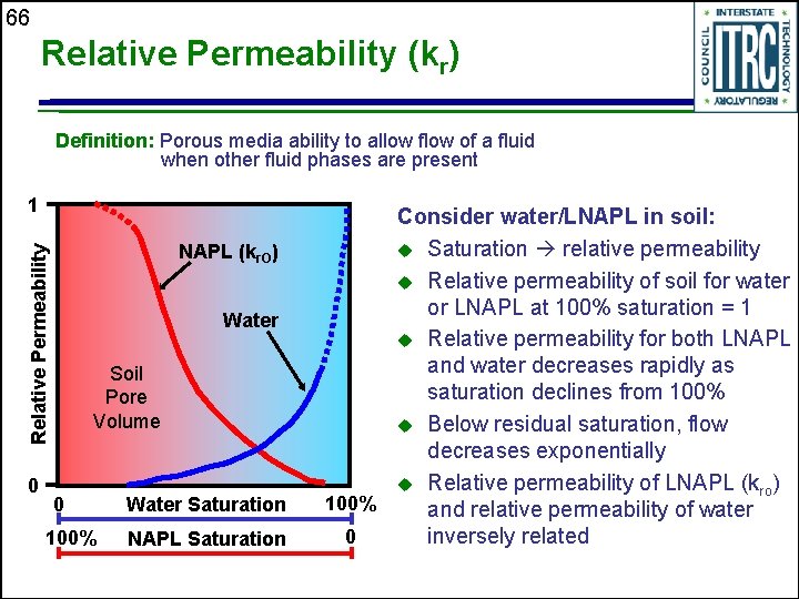 66 Relative Permeability (kr) Definition: Porous media ability to allow flow of a fluid