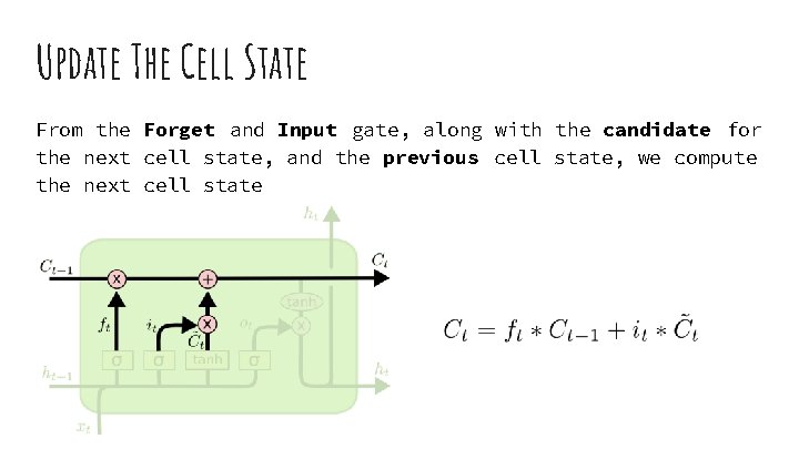 Update The Cell State From the Forget and Input gate, along with the candidate