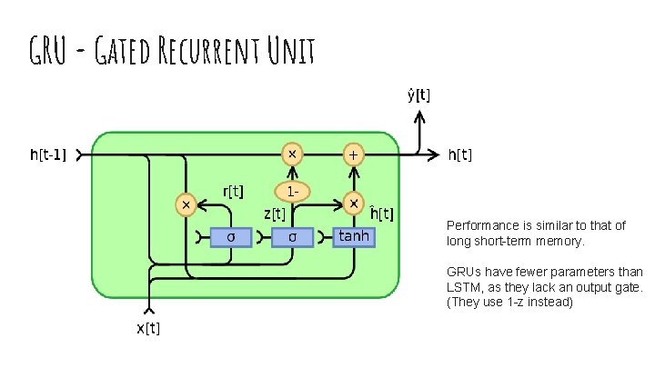 GRU - Gated Recurrent Unit Performance is similar to that of long short-term memory.