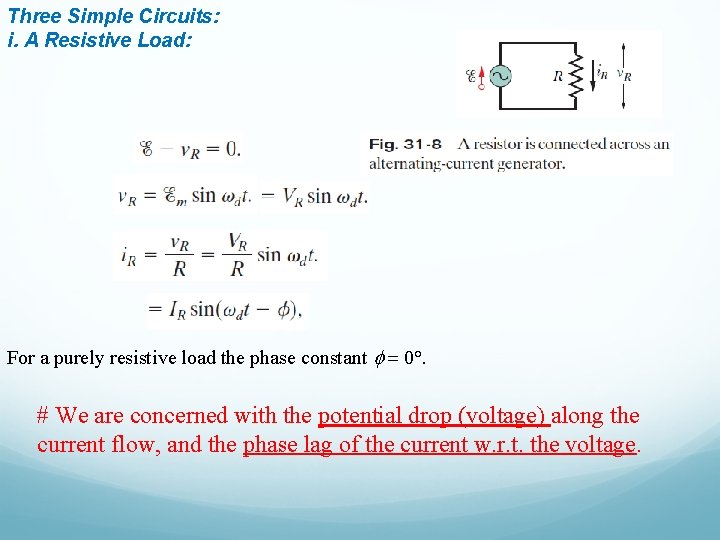 Three Simple Circuits: i. A Resistive Load: For a purely resistive load the phase