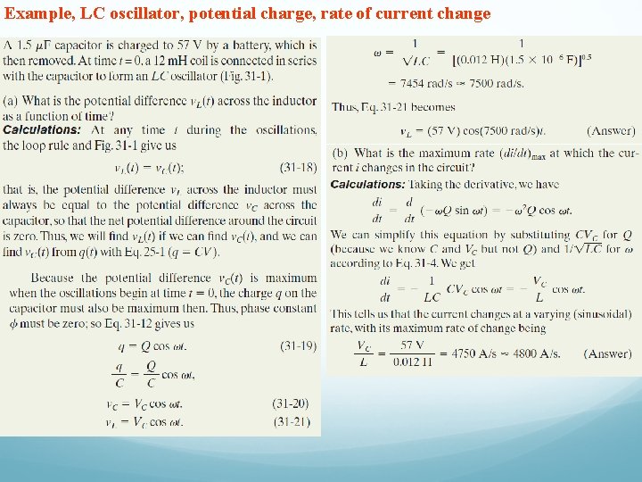Example, LC oscillator, potential charge, rate of current change 