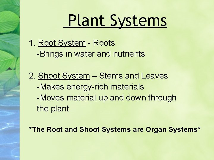 Plant Systems 1. Root System - Roots -Brings in water and nutrients 2. Shoot