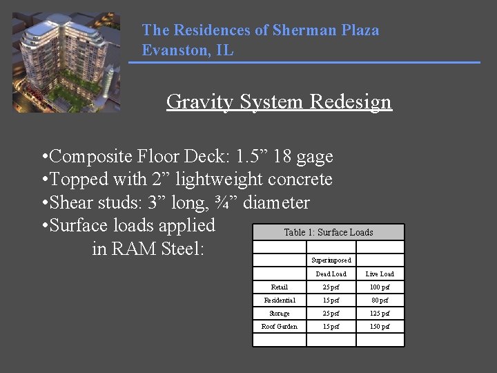 The Residences of Sherman Plaza Evanston, IL Gravity System Redesign • Composite Floor Deck:
