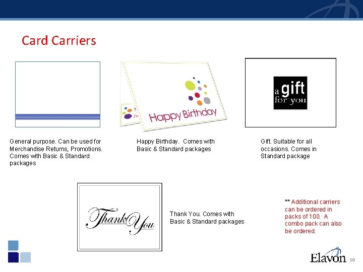 Card Carriers General purpose. Can be used for Merchandise Returns, Promotions. Comes with Basic