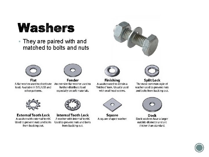 § They are paired with and matched to bolts and nuts 