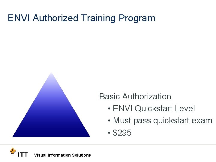 ENVI Authorized Training Program Basic Authorization • ENVI Quickstart Level • Must pass quickstart