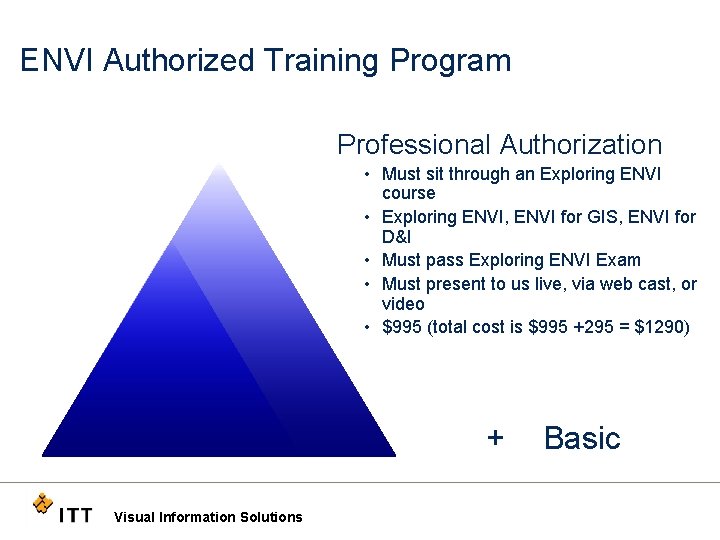 ENVI Authorized Training Program Professional Authorization • Must sit through an Exploring ENVI course