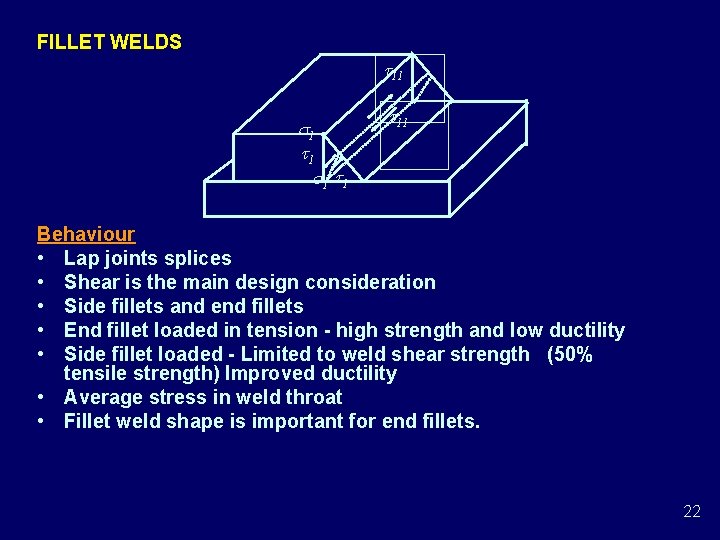 FILLET WELDS 11 1 1 11 Behaviour • Lap joints splices • Shear is FILLET WELDS 11 1 1 11 Behaviour • Lap joints splices • Shear is