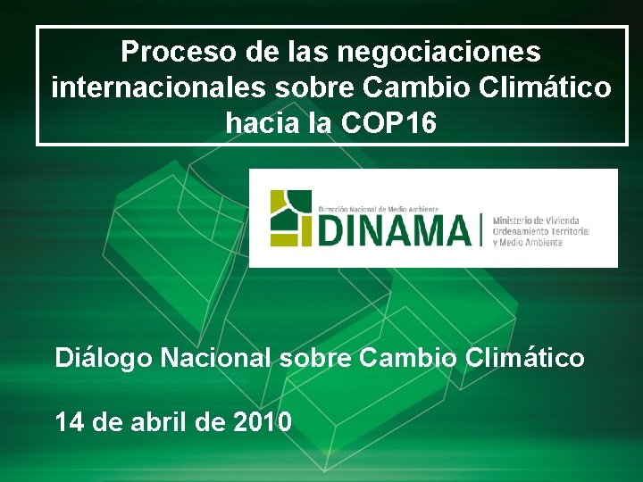 Proceso de las negociaciones internacionales sobre Cambio Climático hacia la COP 16 Diálogo Nacional