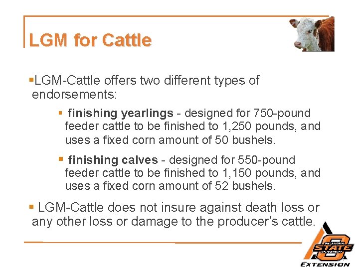 LGM for Cattle §LGM-Cattle offers two different types of endorsements: § finishing yearlings -