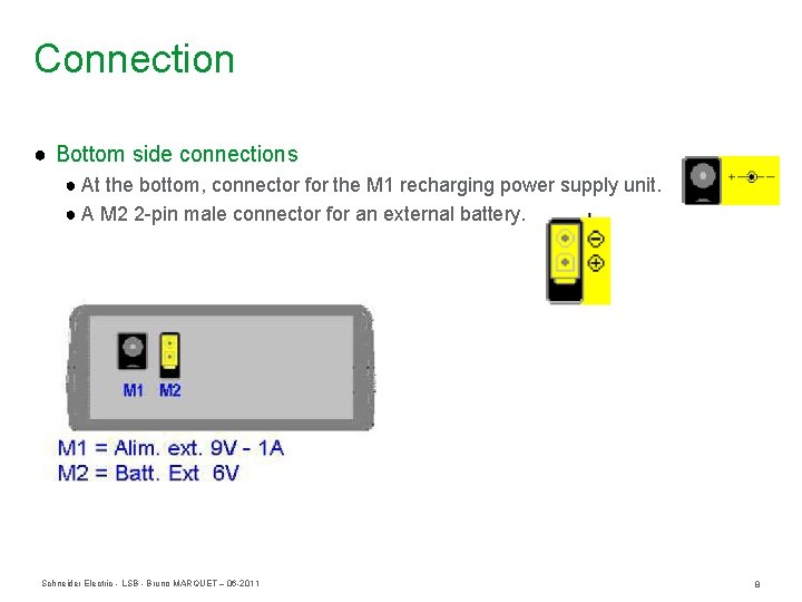 Connection ● Bottom side connections ● At the bottom, connector for the M 1