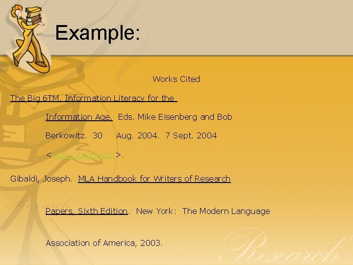 Example: Works Cited The Big 6 TM, Information Literacy for the Information Age. Eds.