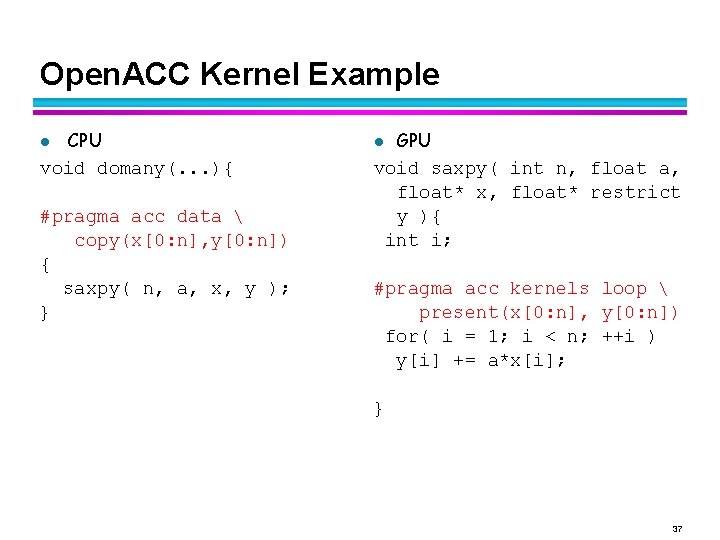 Open. ACC Kernel Example l CPU void domany(. . . ){ #pragma acc data