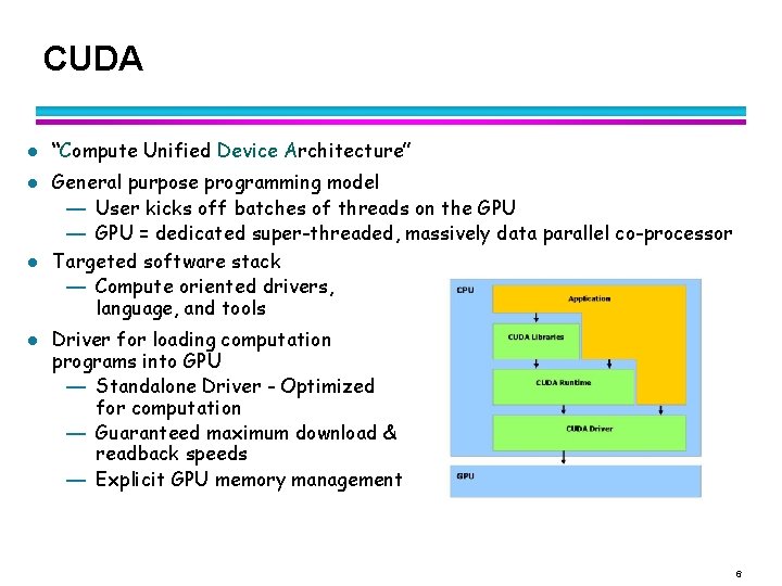 CUDA l l “Compute Unified Device Architecture” General purpose programming model — User kicks