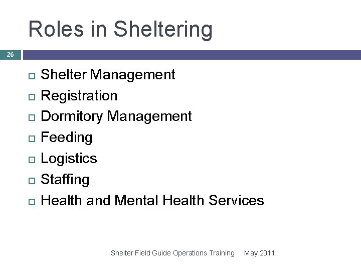 Roles in Sheltering 26 Shelter Management Registration Dormitory Management Feeding Logistics Staffing Health and Roles in Sheltering 26 Shelter Management Registration Dormitory Management Feeding Logistics Staffing Health and