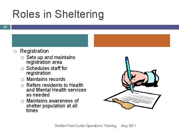 Roles in Sheltering 28 Registration � � � Sets up and maintains registration area Roles in Sheltering 28 Registration � � � Sets up and maintains registration area