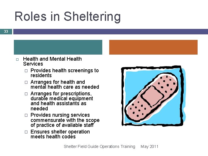 Roles in Sheltering 33 Health and Mental Health Services � Provides health screenings to Roles in Sheltering 33 Health and Mental Health Services � Provides health screenings to
