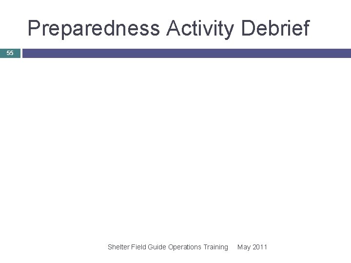 Preparedness Activity Debrief 55 Shelter Field Guide Operations Training May 2011 Preparedness Activity Debrief 55 Shelter Field Guide Operations Training May 2011