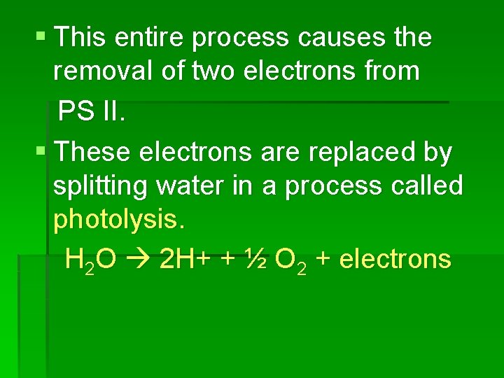 § This entire process causes the removal of two electrons from PS II. §