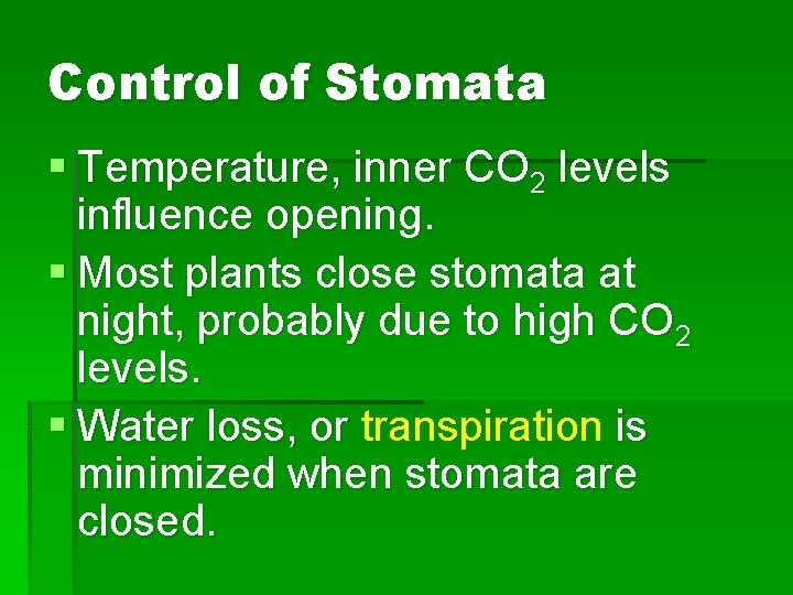 Control of Stomata § Temperature, inner CO 2 levels influence opening. § Most plants