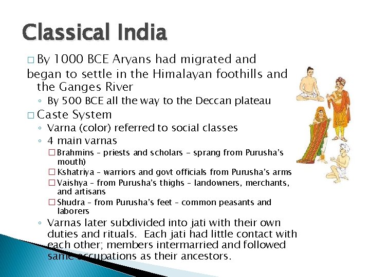 Classical India � By 1000 BCE Aryans had migrated and began to settle in