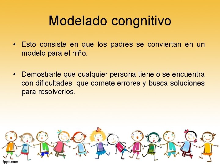 Modelado congnitivo • Esto consiste en que los padres se conviertan en un modelo