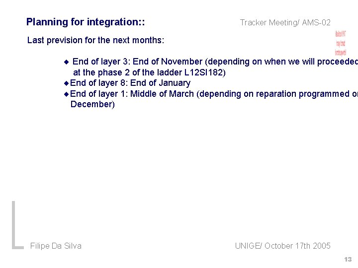 Planning for integration: : Tracker Meeting/ AMS-02 Last prevision for the next months: End