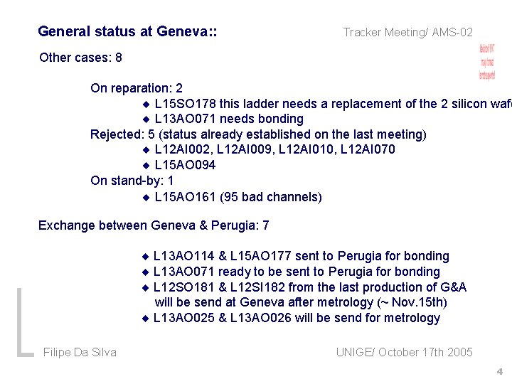 General status at Geneva: : Tracker Meeting/ AMS-02 Other cases: 8 On reparation: 2