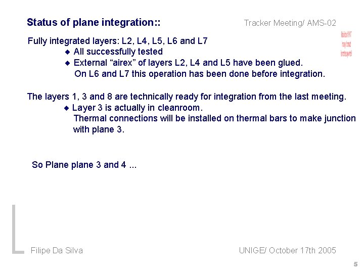 Status of plane integration: : Tracker Meeting/ AMS-02 Fully integrated layers: L 2, L