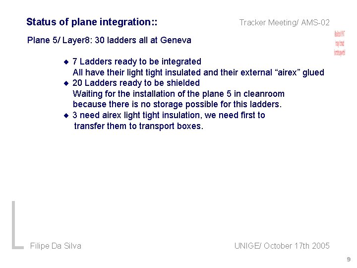 Status of plane integration: : Tracker Meeting/ AMS-02 Plane 5/ Layer 8: 30 ladders