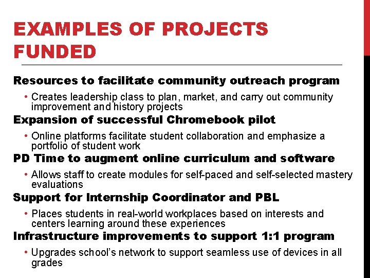 EXAMPLES OF PROJECTS FUNDED Resources to facilitate community outreach program • Creates leadership class EXAMPLES OF PROJECTS FUNDED Resources to facilitate community outreach program • Creates leadership class