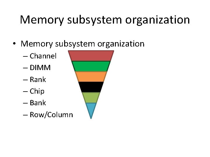 Memory subsystem organization • Memory subsystem organization – Channel – DIMM – Rank –