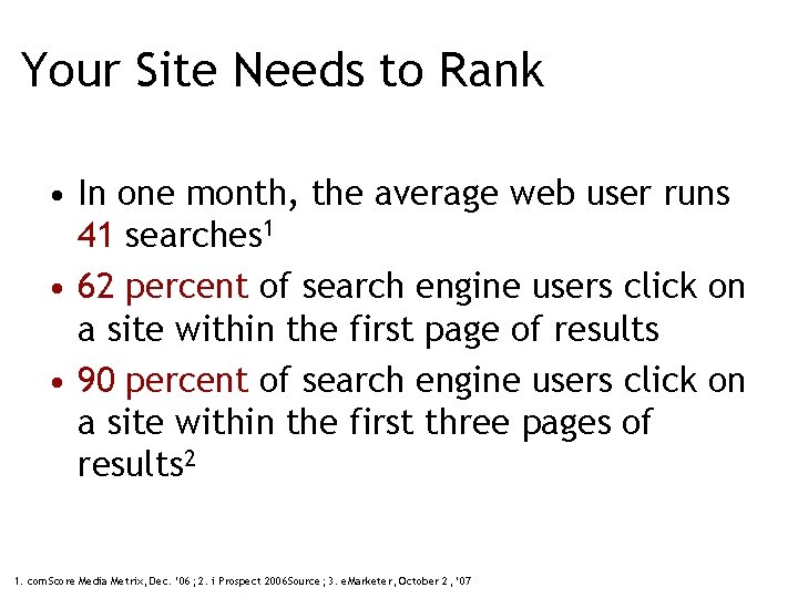 Your Site Needs to Rank • In one month, the average web user runs