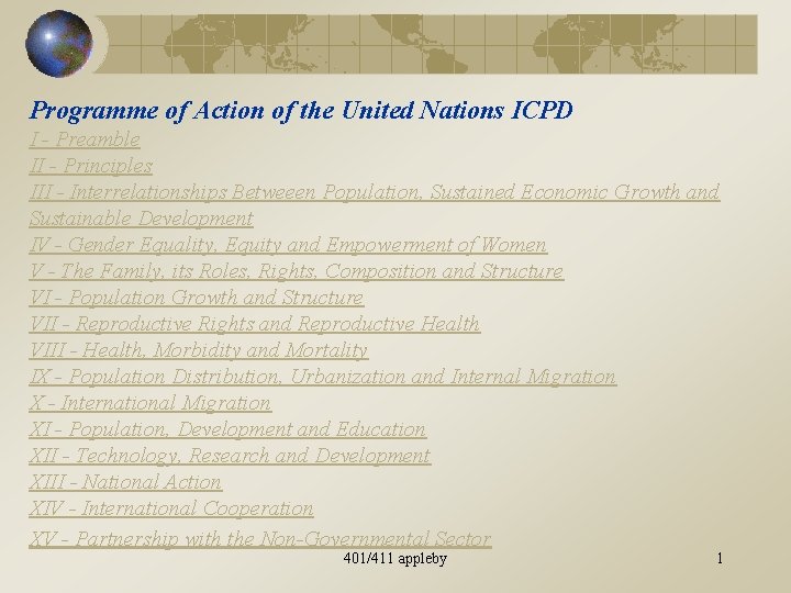 Programme of Action of the United Nations ICPD I - Preamble II - Principles