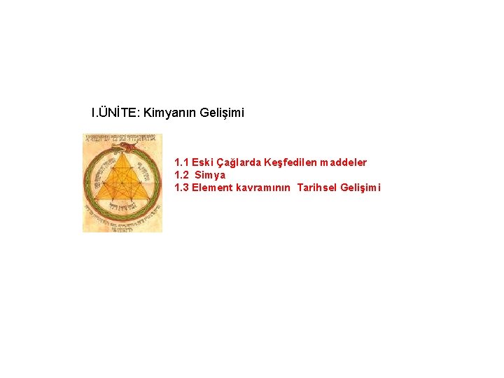 I. ÜNİTE: Kimyanın Gelişimi 1. 1 Eski Çağlarda Keşfedilen maddeler 1. 2 Simya 1. I. ÜNİTE: Kimyanın Gelişimi 1. 1 Eski Çağlarda Keşfedilen maddeler 1. 2 Simya 1.