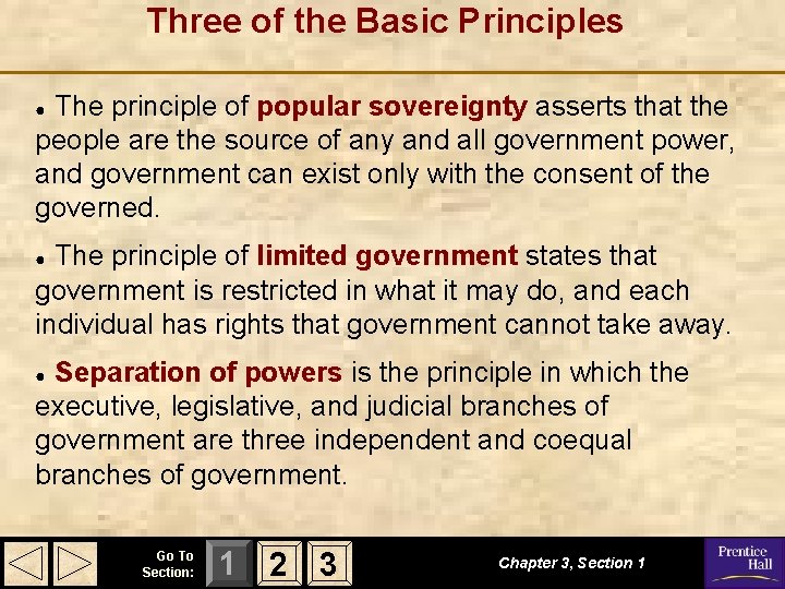 Three of the Basic Principles The principle of popular sovereignty asserts that the people Three of the Basic Principles The principle of popular sovereignty asserts that the people