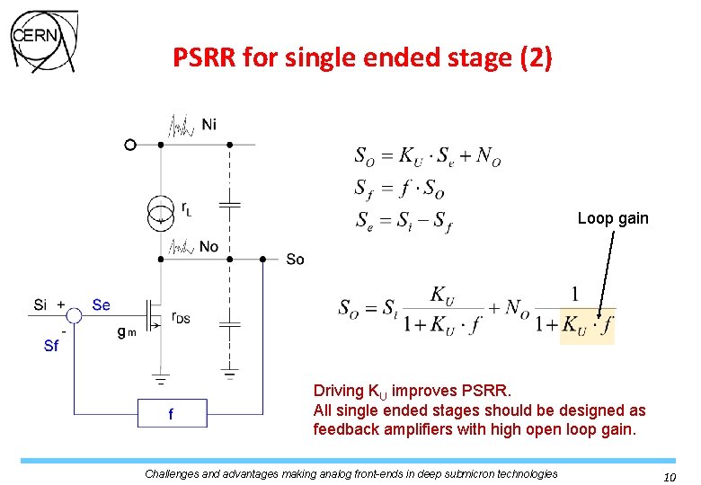 PSRR for single ended stage (2) Loop gain Driving KU improves PSRR. All single PSRR for single ended stage (2) Loop gain Driving KU improves PSRR. All single