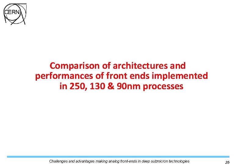 Comparison of architectures and performances of front ends implemented in 250, 130 & 90 Comparison of architectures and performances of front ends implemented in 250, 130 & 90
