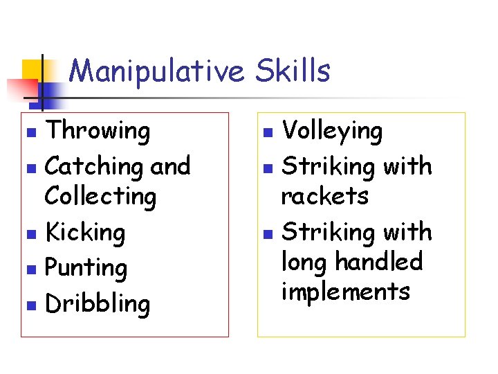 Manipulative Skills Throwing n Catching and Collecting n Kicking n Punting n Dribbling n