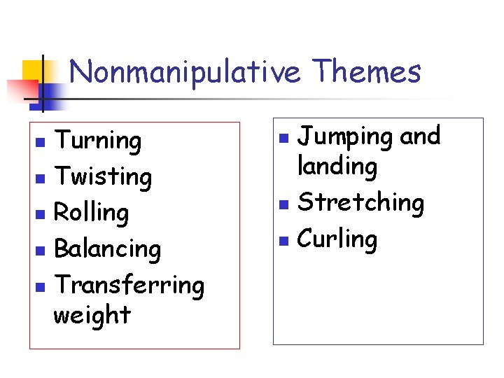 Nonmanipulative Themes Turning n Twisting n Rolling n Balancing n Transferring weight n Jumping
